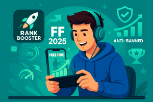 Ilustrasi aplikasi Rank Booster FF 2025 untuk push rank Free Fire dengan aman dan anti-banned