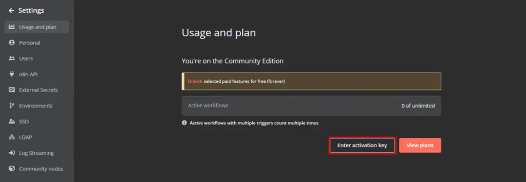 Halaman untuk memasukkan kunci aktivasi n8n