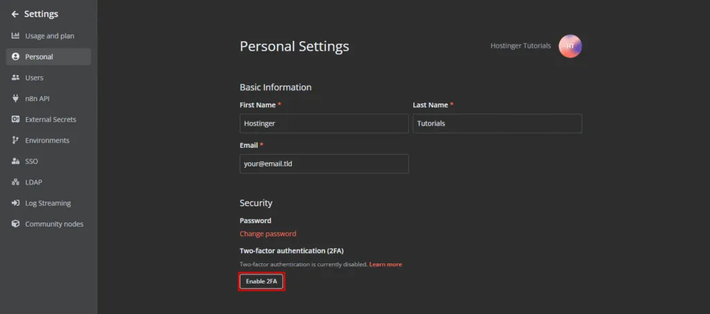 Halaman n8n untuk mengaktifkan 2FA