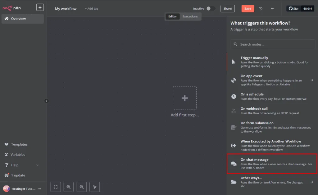Menambahkan chat trigger di n8n