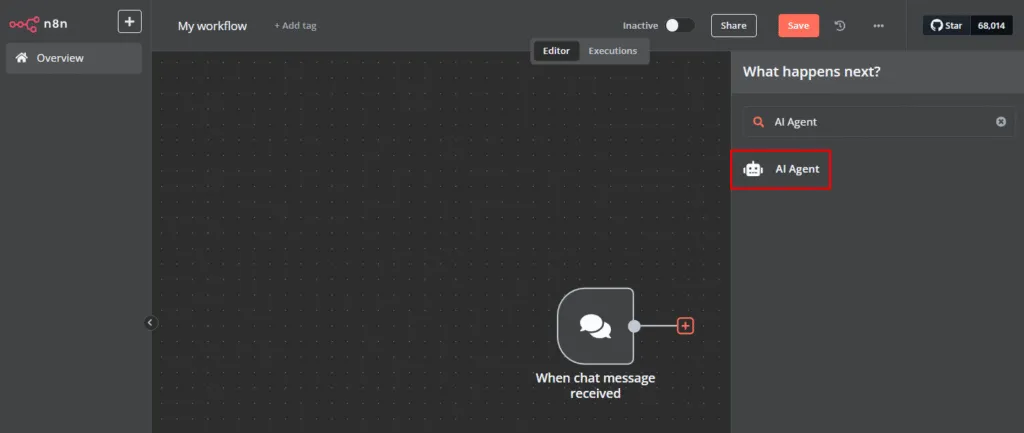 Menambahkan node AI agent pada kanvas editor n8n