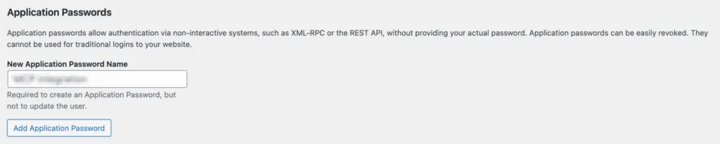 Menu Application Password di WordPress dengan nama yang dimasukkan