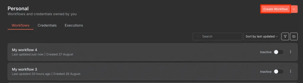 Tombol Create Workflow di n8n