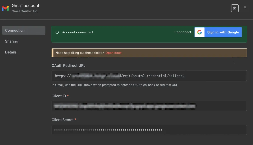 Menu konfigurasi kredensial Gmail di n8n
