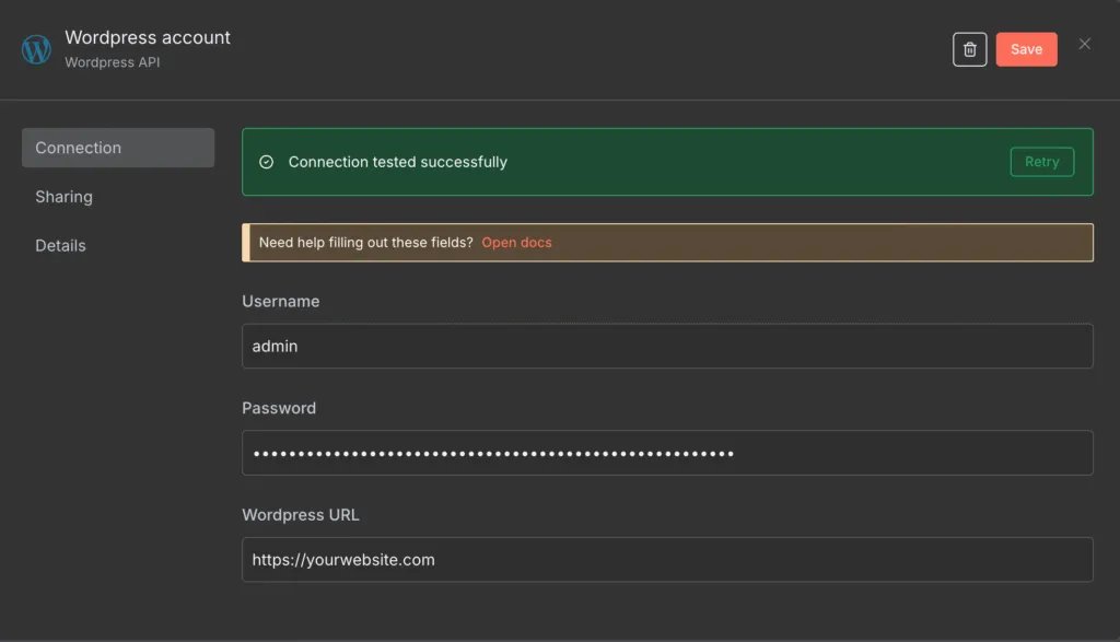 Menu konfigurasi kredensial node WordPress