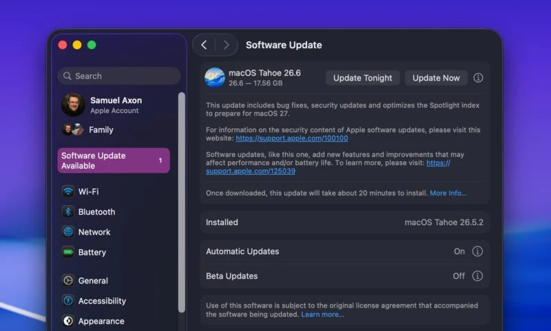 Panel pembaruan Pengaturan Sistem di macOS, menampilkan pembaruan macOS 26.6. 