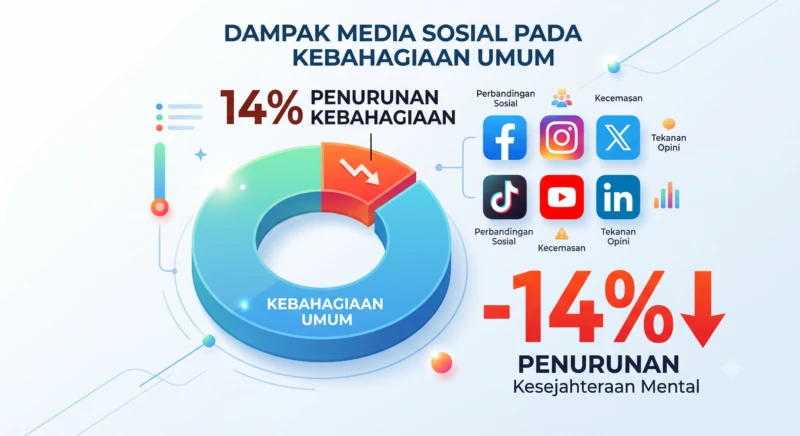 Grafik data riset universitas mengenai penurunan kepuasan hidup akibat paparan media sosial pada anak-anak.