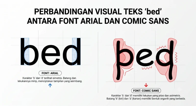 Panduan perbandingan struktur anatomi font Comic Sans untuk membantu pembaca penderita disleksia.