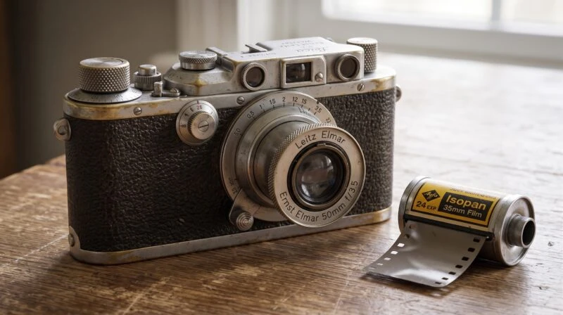 Ilustrasi kamera analog klasik Leica dari era 1930-an, digunakan sebagai alat jurnalistik perang.