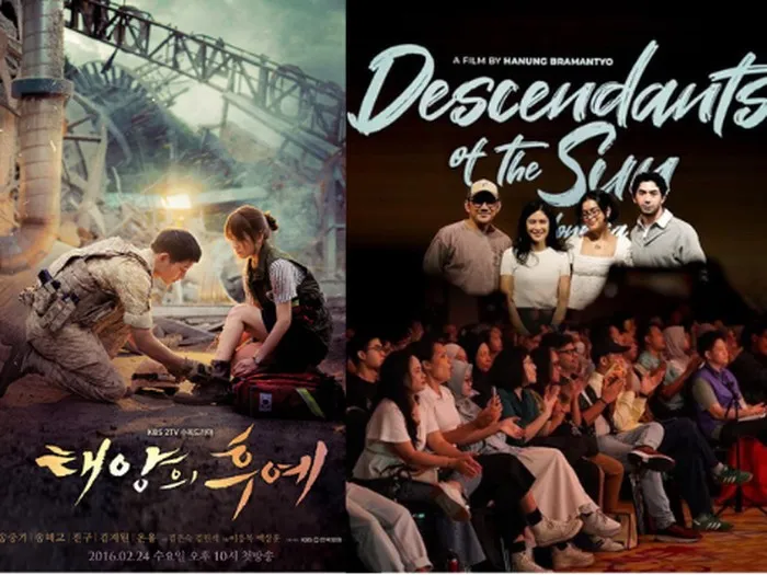Image of Descendants of the Sun drama poster and early press conference photo for the Indonesian film adaptation DOTS/Photo: asianwiki.com, Instagram.com/filmdots_indonesia