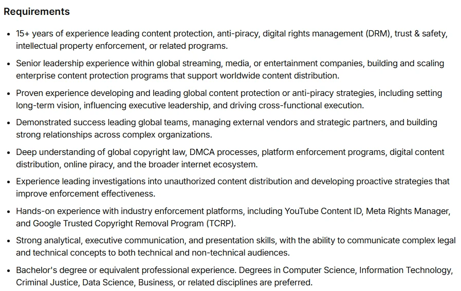 an illustration showing the job requirements for Crunchyroll's anti‑piracy hiring posting