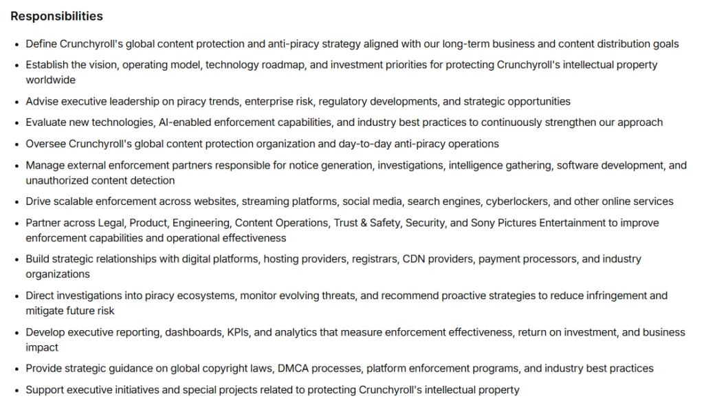 a depiction of duties listed in Crunchyroll's posting for a leader in content protection and anti‑piracy