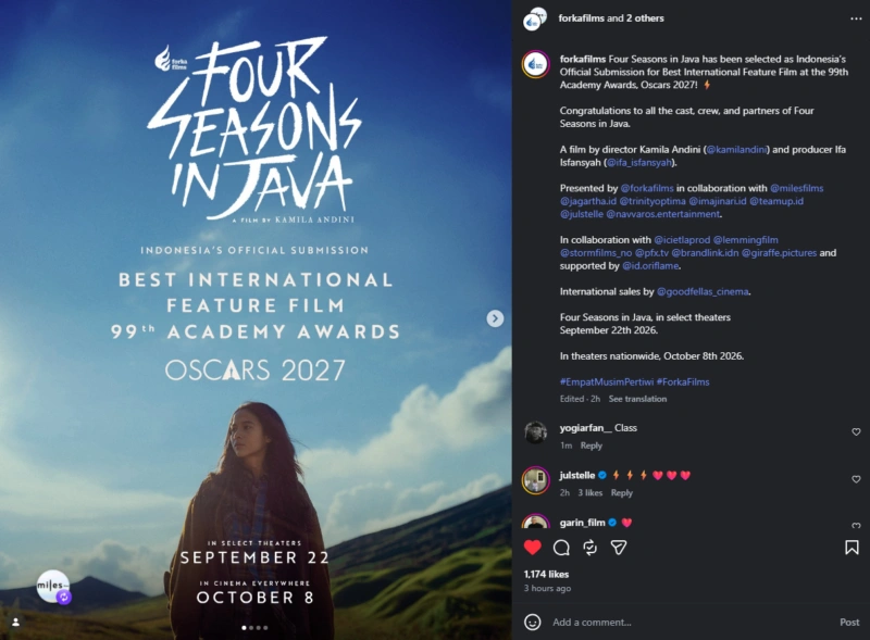 Empat Musim Pertiwi Resmi Jadi Wakil Indonesia di Oscar 2027 2 Screenshot from Forka Films Instagram post announcing Empat Musim Pertiwi as Indonesian Oscar representative, 16 September 2026