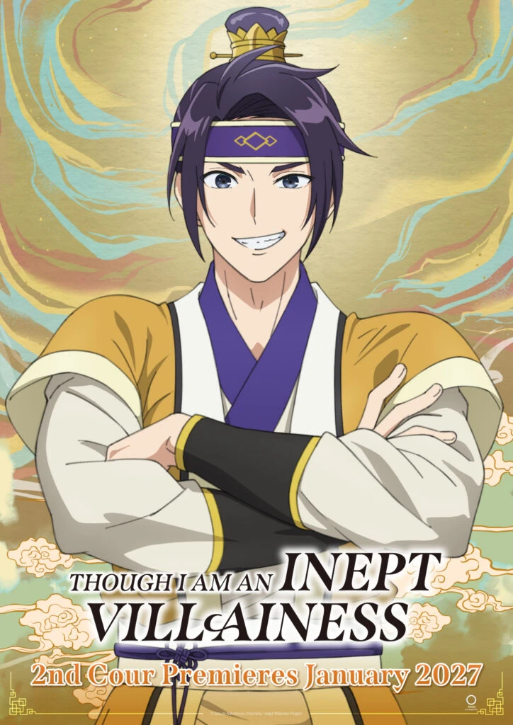 a man with navy blue hair has a large grin with his arms folded in a confident expression wearing a yellow outer garment