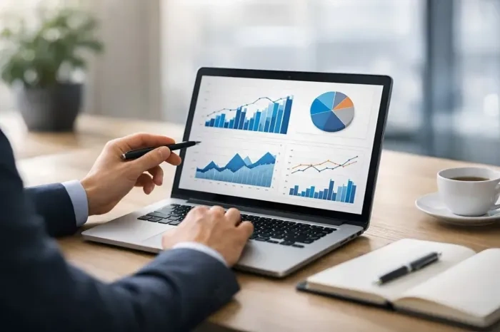 Dua rekan kerja sedang menganalisis data sebelum menentukan langkah pemasaran