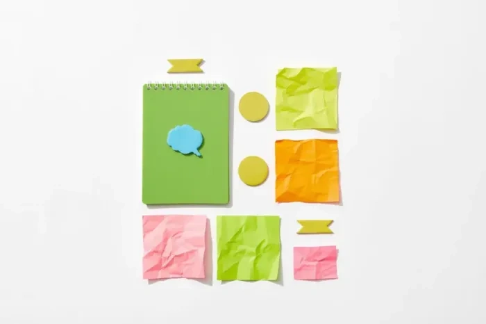 Notebook with ideas neatly stored next to a laptop on a workspace