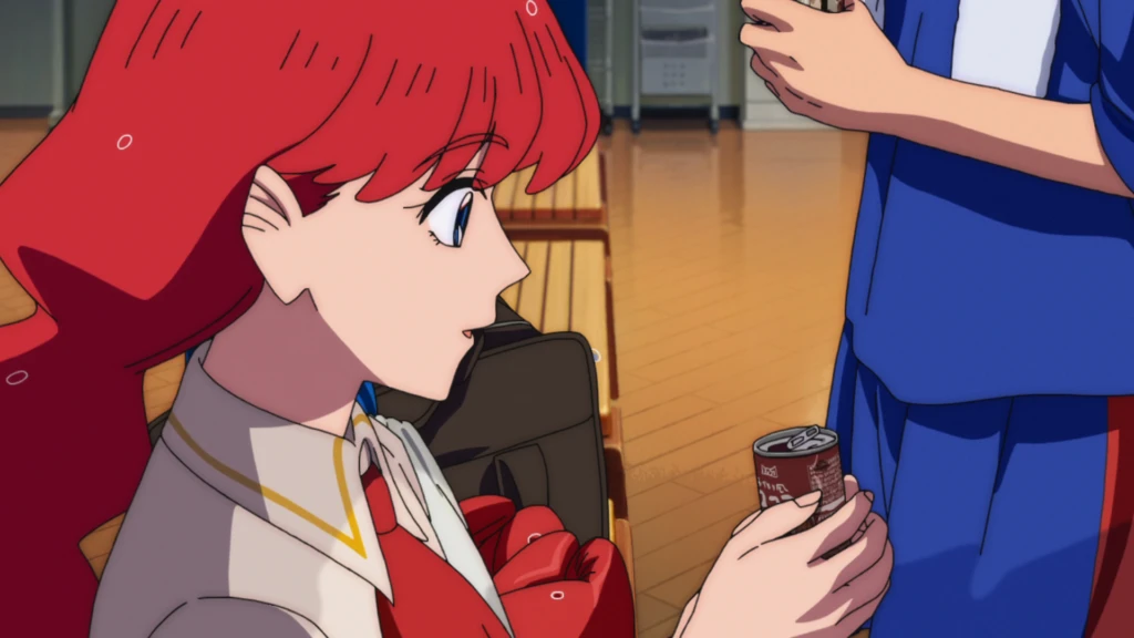 goodbye lara screenshot of a red haired girl looking surprised at canned cocoa
