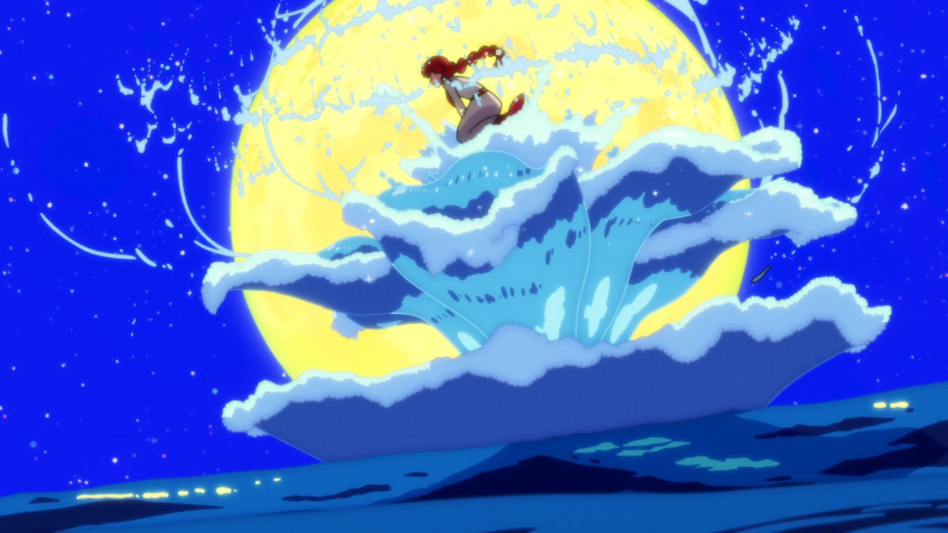goodbye lara screenshot of a girl riding a massive wave with a sharp yellow moon in the background. The moon and sky are a sharp blue